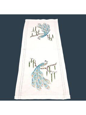 Hand-Embroidered White Cotton Table Runner With Colorful Peacock Design 14 x 36